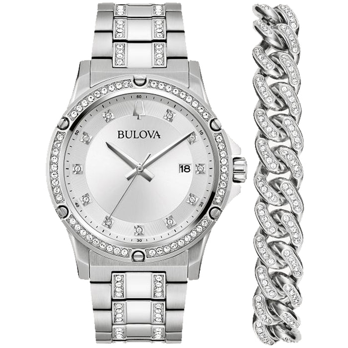 Bulova Men's Crystal Box Set Silver Dial Watch - 96K114